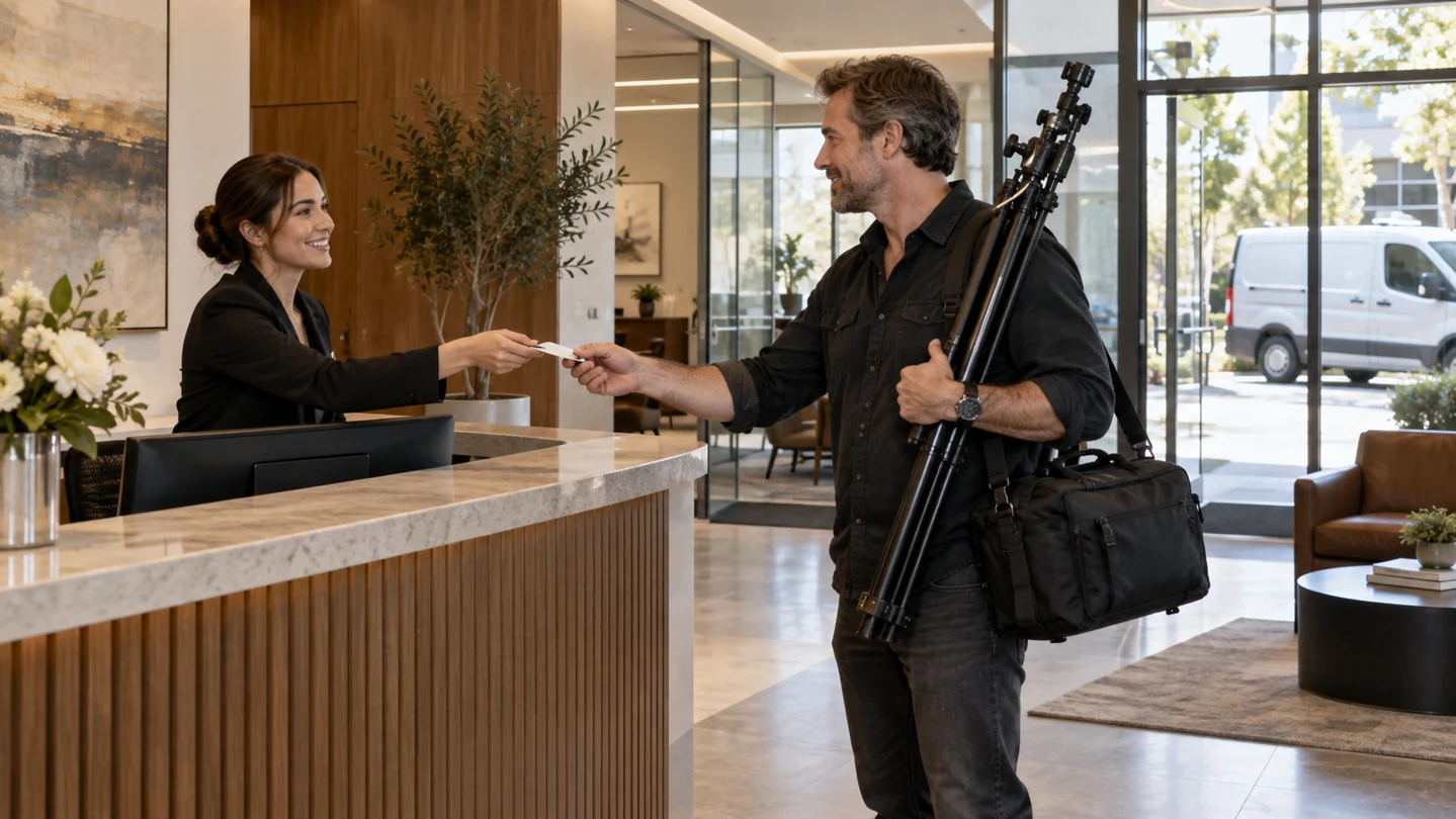 Photographer receives a parking pass at a law firm.